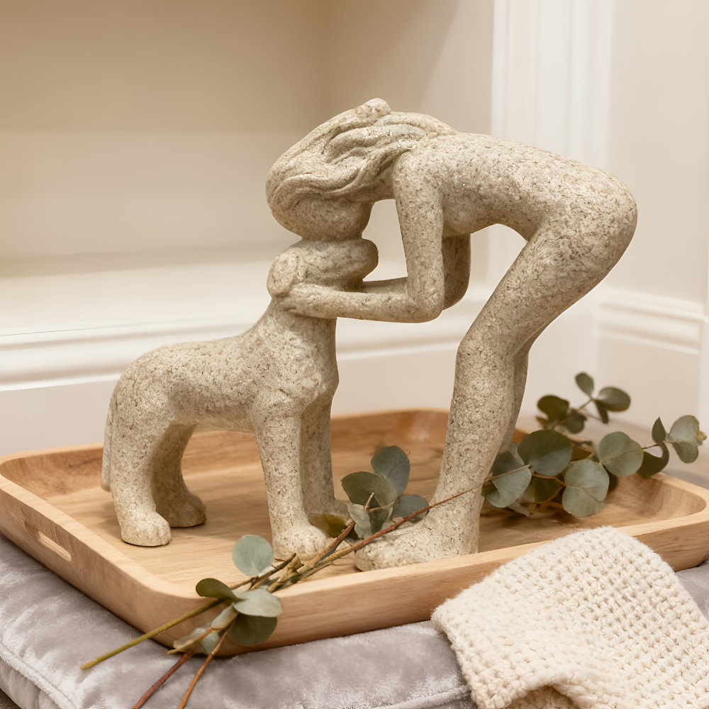 Dekofigur Frau mit Hund aus Kunstharz – Moderne Skulptur Sandstein-Optik 17cm – Geschenk für Hundebesitzer & Tierliebhaber