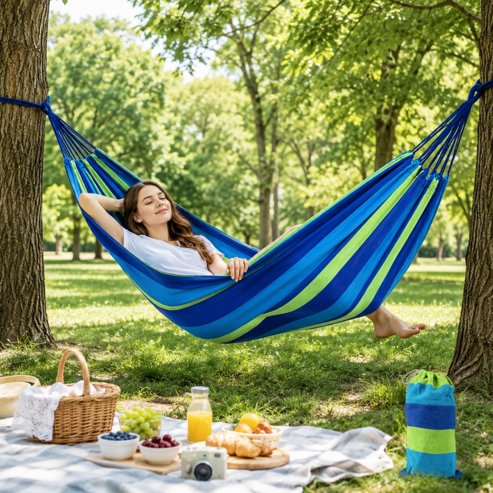 Doppel Hängematte für 2 Personen – Baumwoll Canvas Hängematte mit Befestigungsseilen für Garten, Terrasse & Outdoor