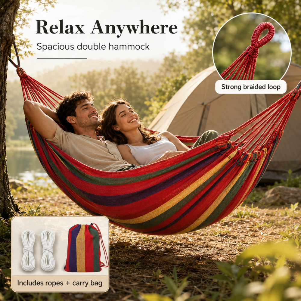 Doppel Hängematte für 2 Personen – Baumwoll Canvas Hängematte mit Befestigungsseilen für Garten, Terrasse & Outdoor