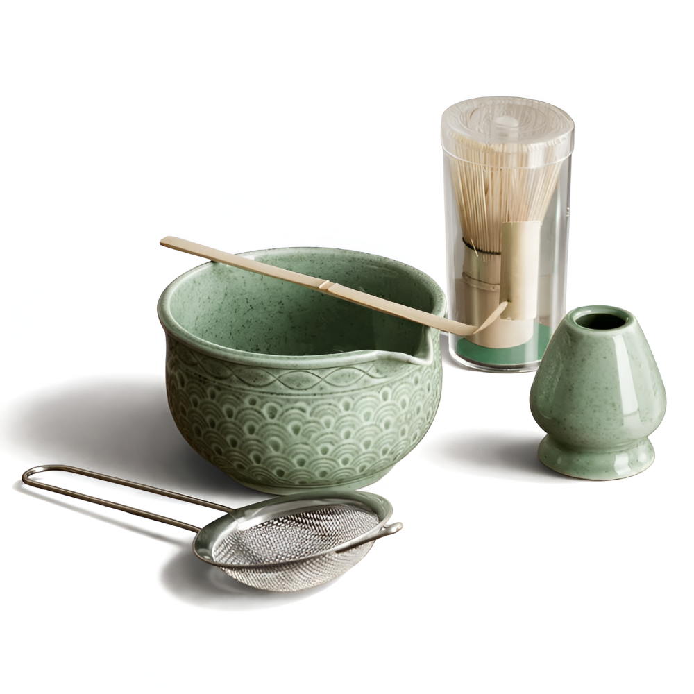 Elegantes Matcha Tee Set Grün - Japanisches Teezeremonie Set aus Keramik & Bambus – Matcha Schale (500ml), Besen & Sieb, 5/6-teilig