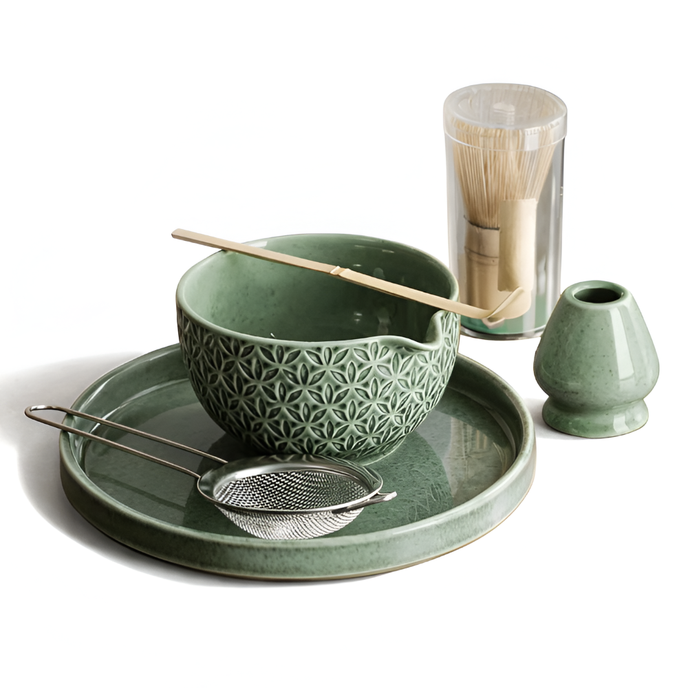 Elegantes Matcha Tee Set Grün - Japanisches Teezeremonie Set aus Keramik & Bambus – Matcha Schale (500ml), Besen & Sieb, 5/6-teilig