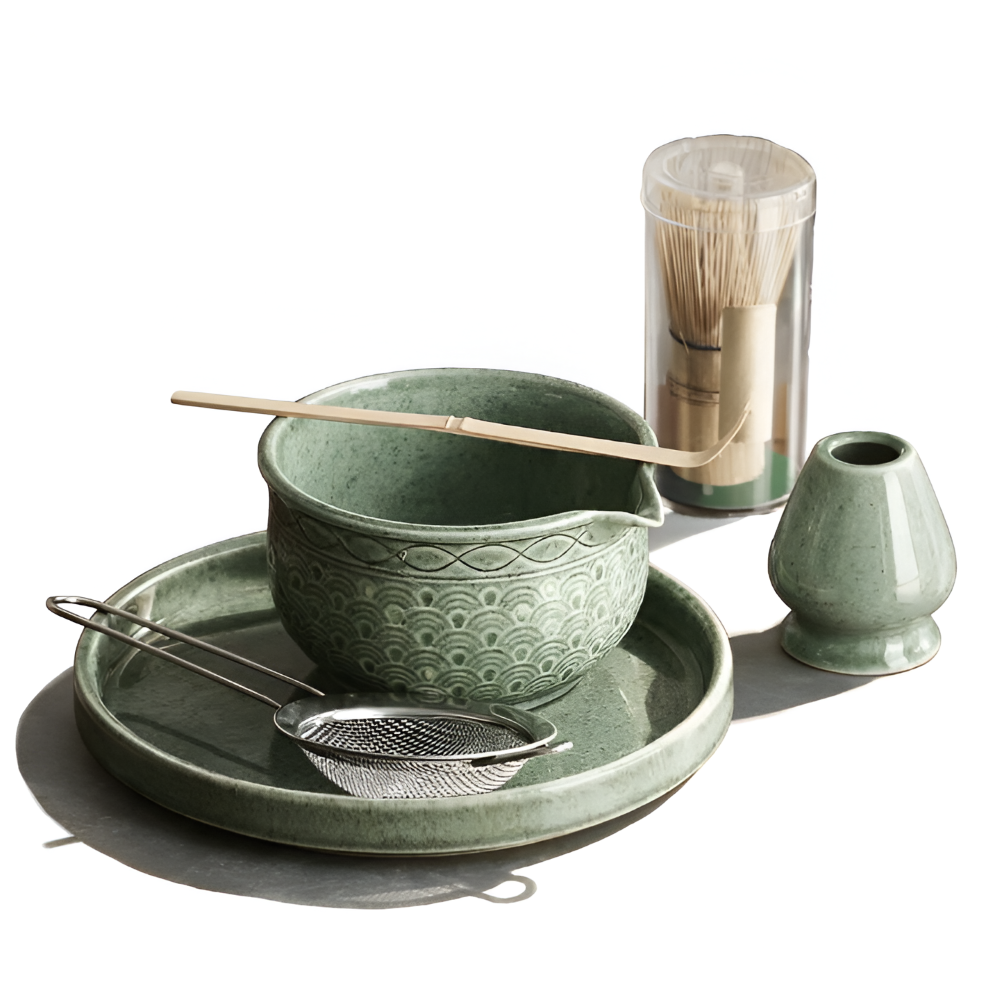 Elegantes Matcha Tee Set Grün - Japanisches Teezeremonie Set aus Keramik & Bambus – Matcha Schale (500ml), Besen & Sieb, 5/6-teilig