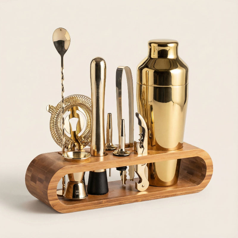 Elegantes 10-teilige Cocktailset - Robuste Edelstahl- und Bambuskombination für stilvolle Hausbars 1