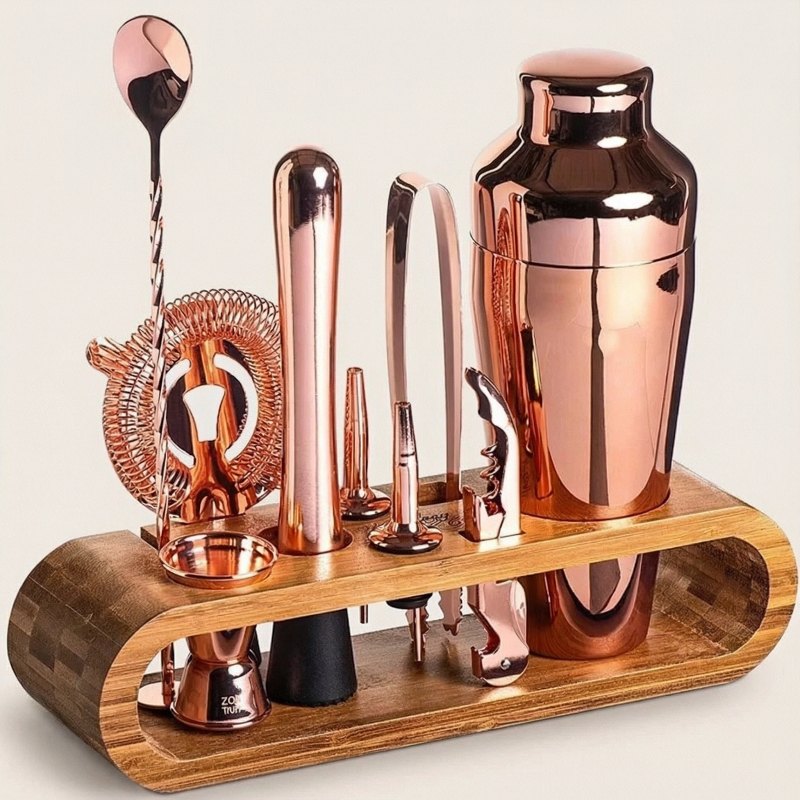 Elegantes 10-teilige Cocktailset - Robuste Edelstahl- und Bambuskombination für stilvolle Hausbars 3
