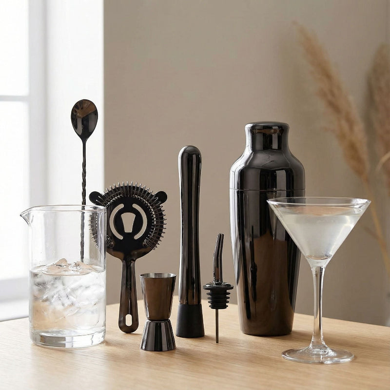 Elegantes 10-teilige Cocktailset - Robuste Edelstahl- und Bambuskombination für stilvolle Hausbars 7