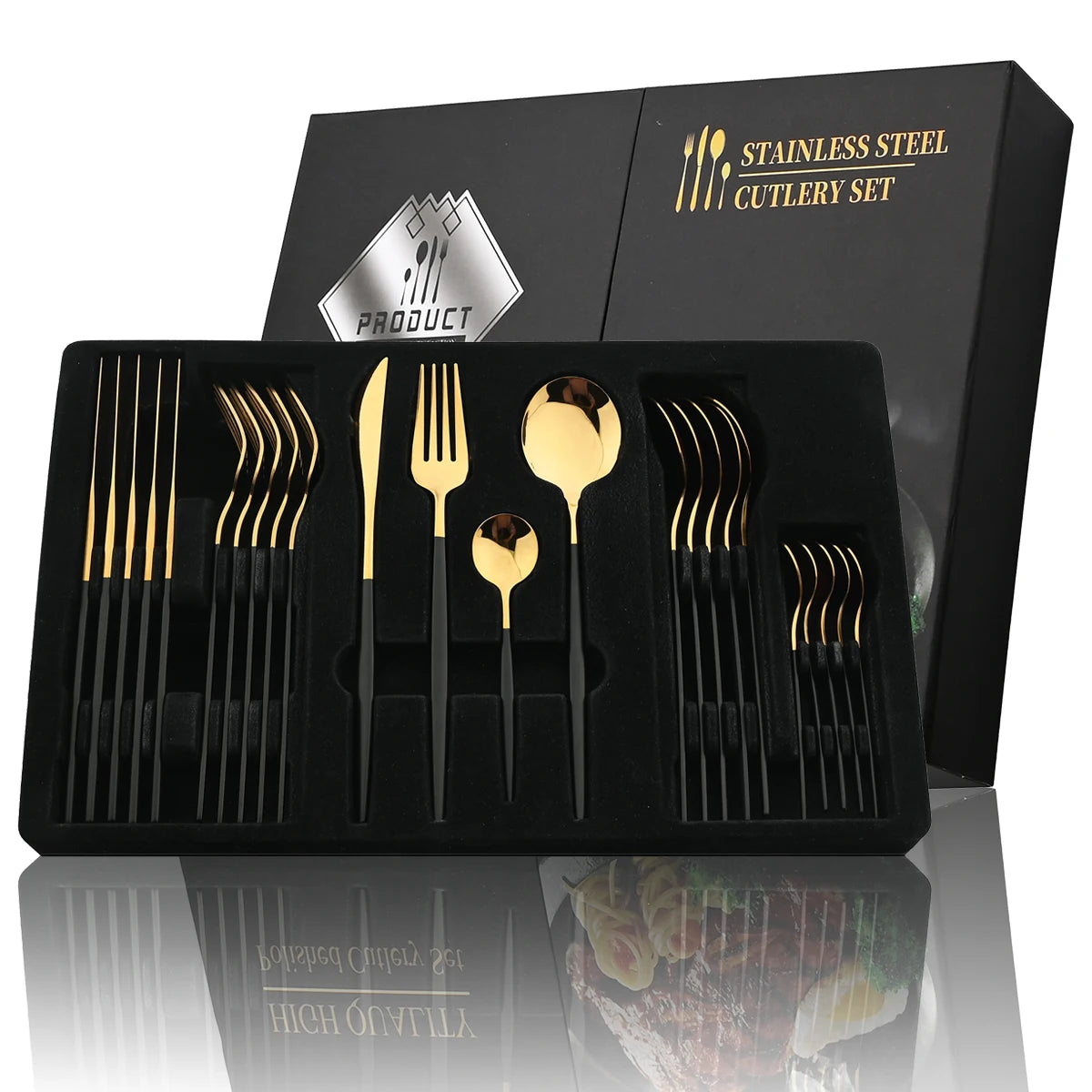 Elegantes 24-teiliges Besteck Set - Goldenes Edelstahl mit Schwarzgriffen für stilvolle Tischdekoration 0