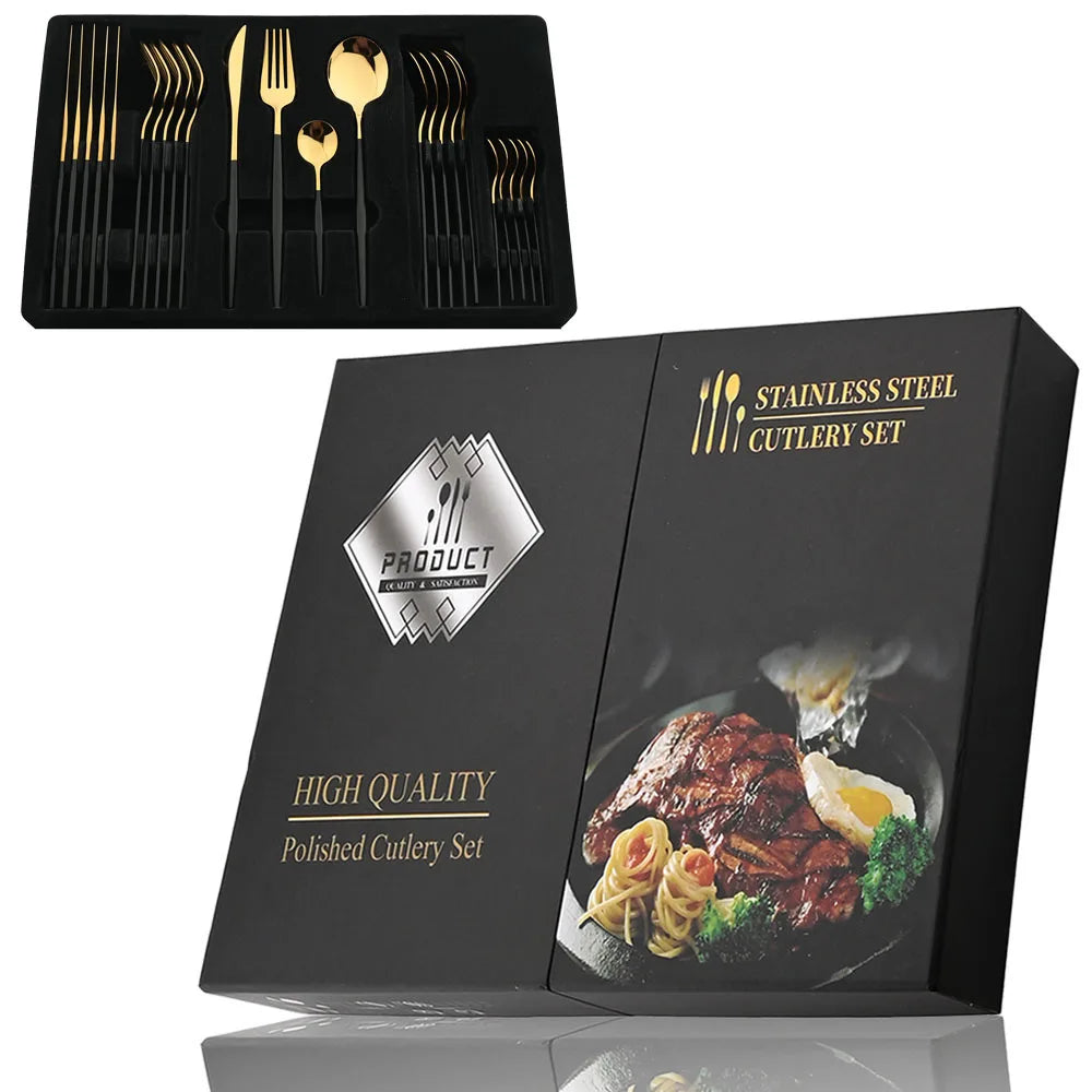 Elegantes 24-teiliges Besteck Set - Goldenes Edelstahl mit Schwarzgriffen für stilvolle Tischdekoration 10