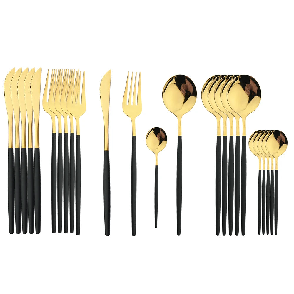 Elegantes 24-teiliges Besteck Set - Goldenes Edelstahl mit Schwarzgriffen für stilvolle Tischdekoration 13