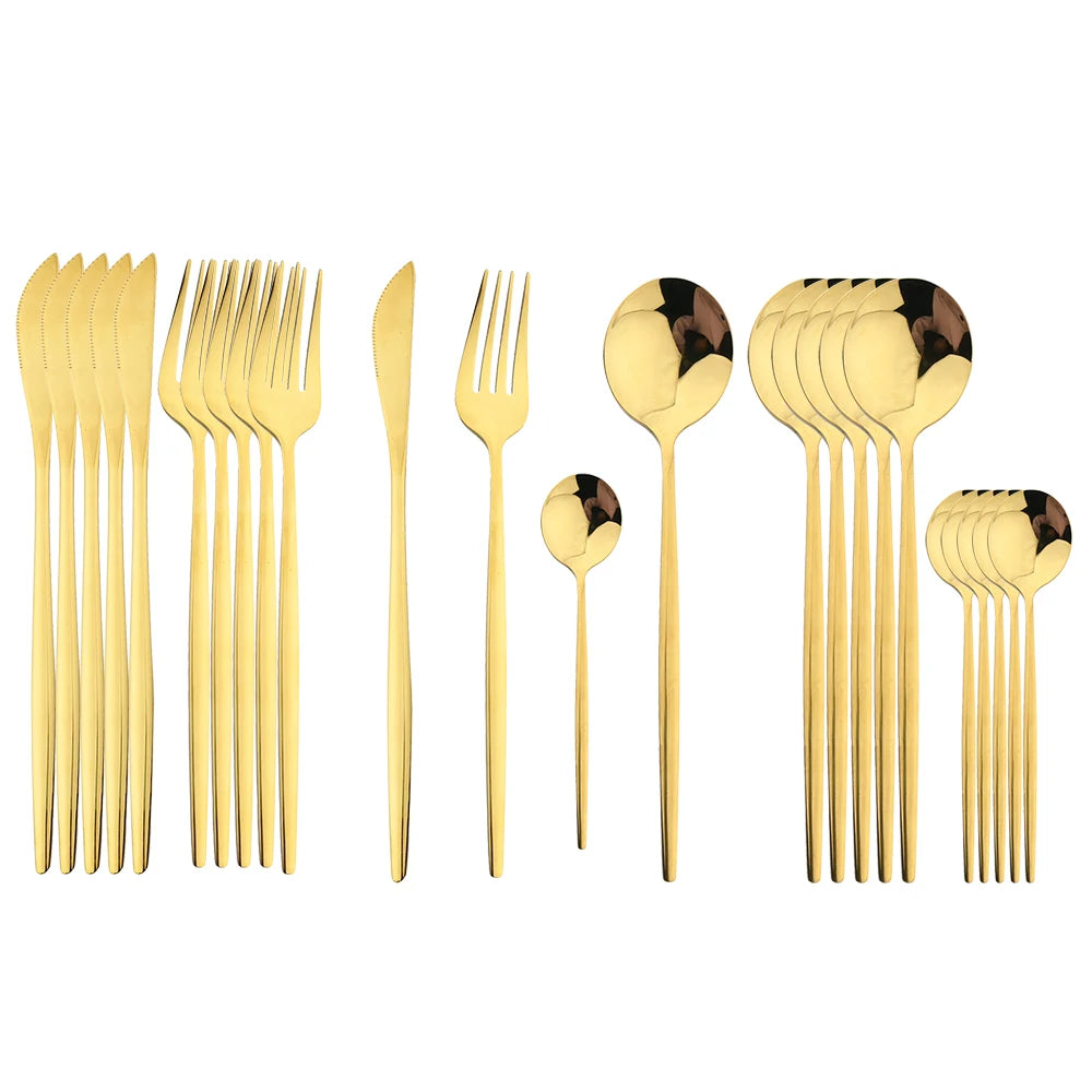 Elegantes 24-teiliges Besteck Set - Goldenes Edelstahl mit Schwarzgriffen für stilvolle Tischdekoration 14
