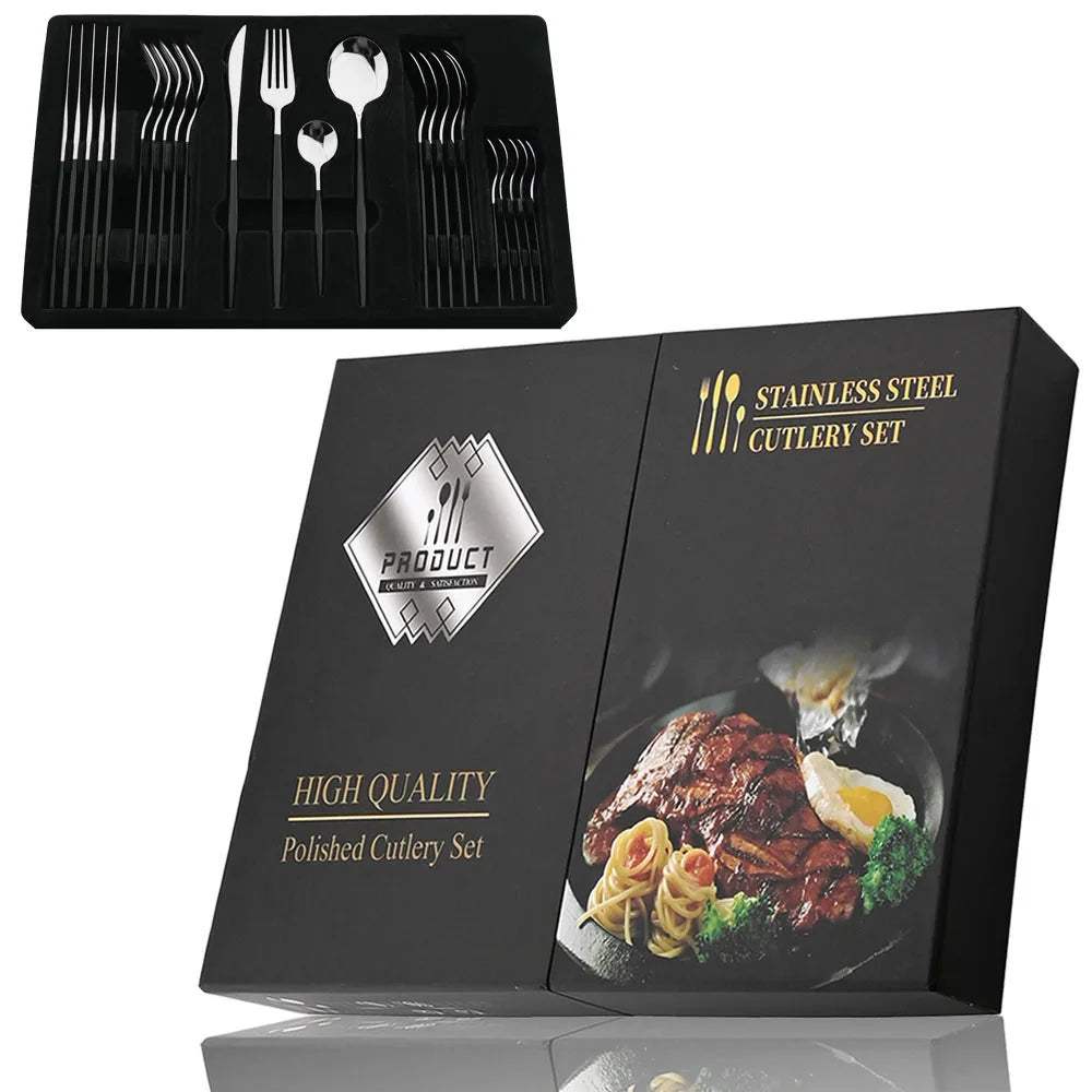 Elegantes 24-teiliges Besteck Set - Goldenes Edelstahl mit Schwarzgriffen für stilvolle Tischdekoration 6