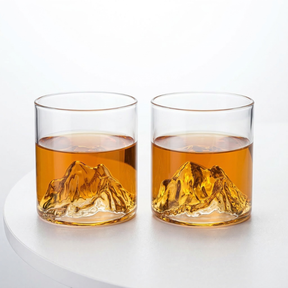 Elegantes 3D-Gebirgsdesign Whiskyglas - Set von 2 - Hochwertiges Trinkgefäß für Genussliebhaber
