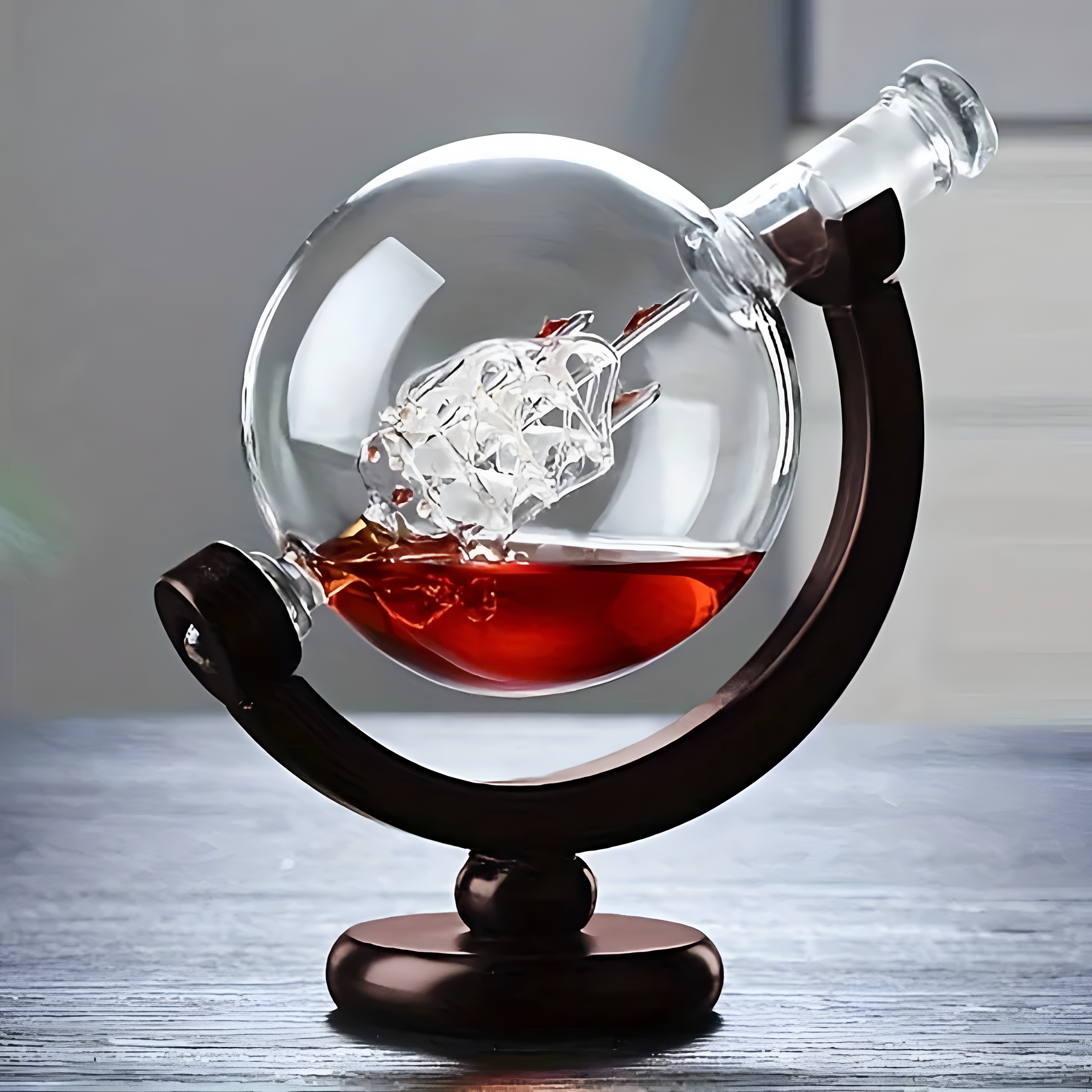 Elegantes Globus Dekanter Set - 900ml Bleifreie Karaffe mit Holzständer & 2 Gläser für Whiskey-Liebhaber
