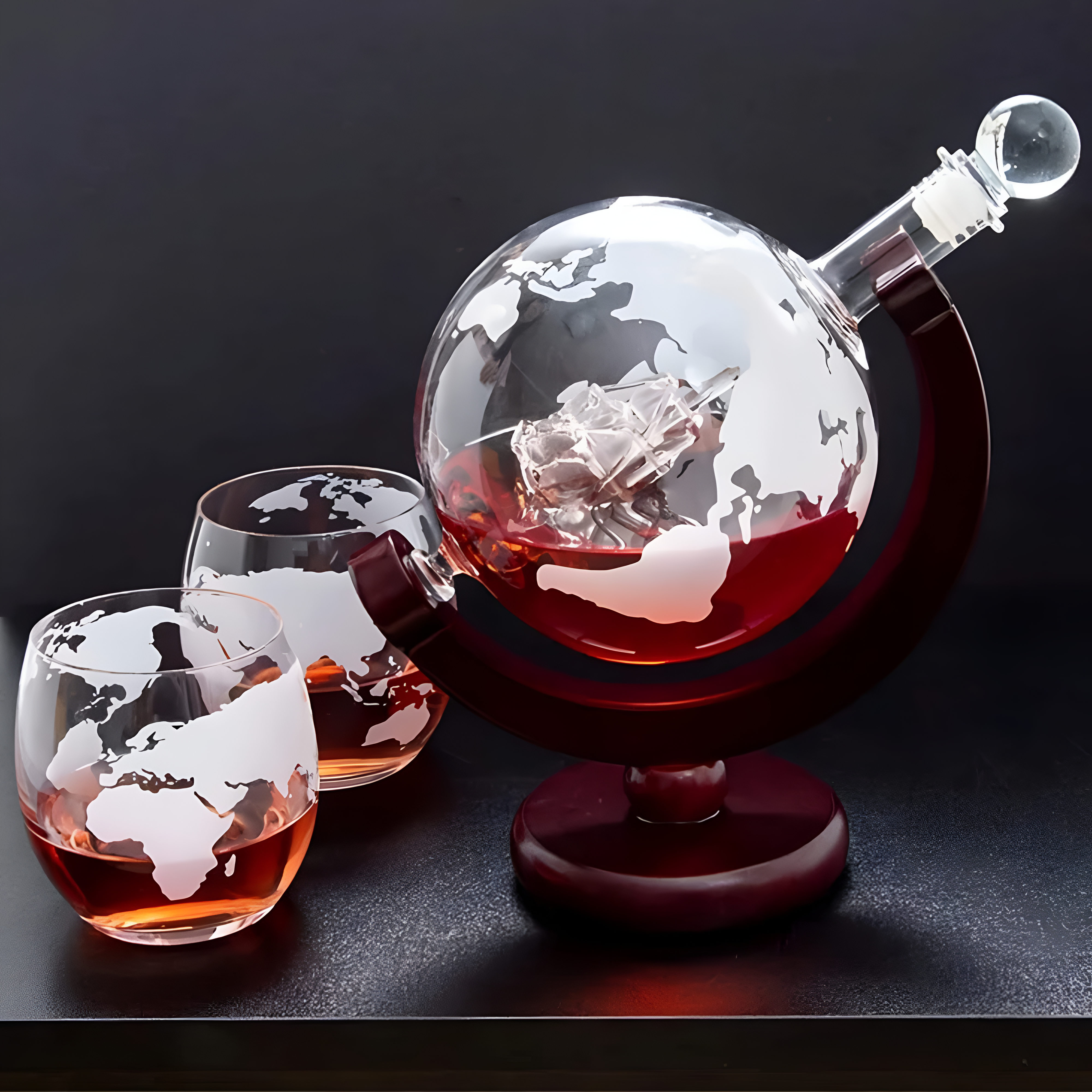 Elegantes Globus Dekanter Set - 900ml Bleifreie Karaffe mit Holzständer & 2 Gläser für Whiskey-Liebhaber