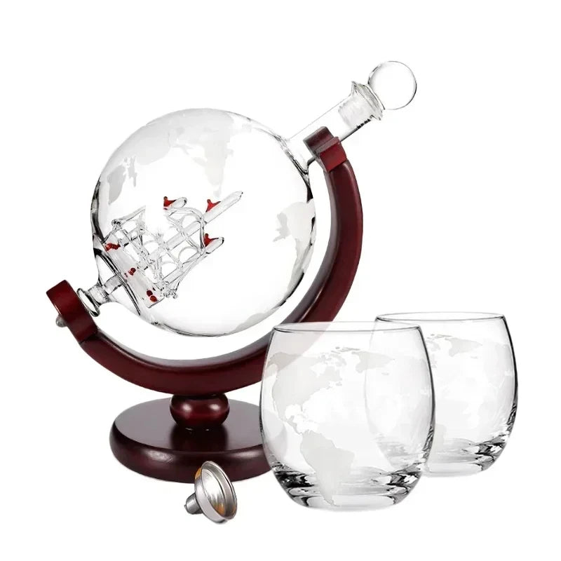 Elegantes Globus Dekanter Set - 900ml Bleifreie Karaffe mit Holzständer & 2 Gläser für Whiskey-Liebhaber 6