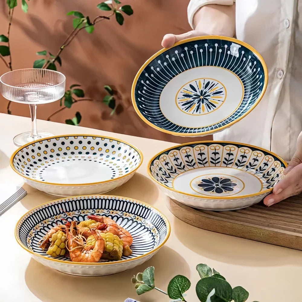 Elegantes Handbemaltes Tellerset - 4er-Set Porzellan in Marineblau mit Golddetails 6
