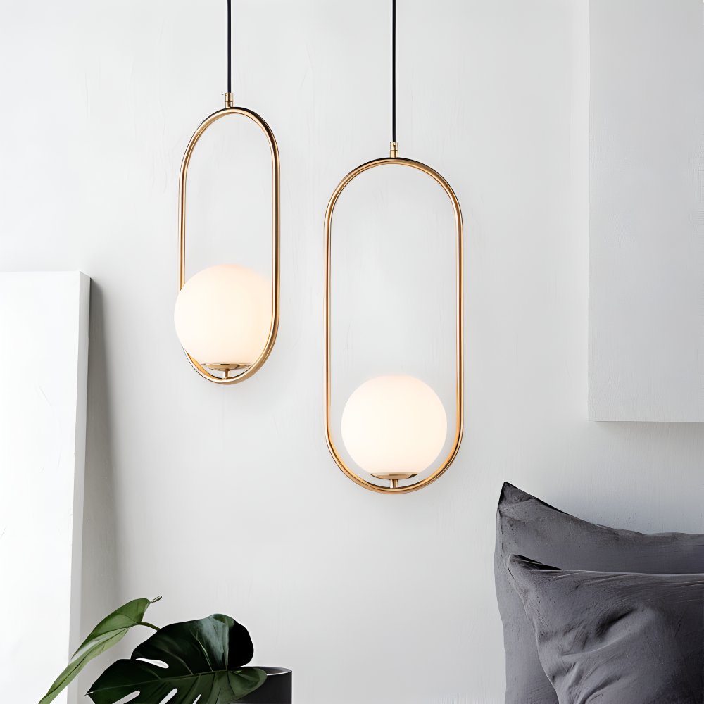 EllipsRing Pendelleuchte - Moderne Goldene Ellipse Ring Glaskugel LED Hängelampe