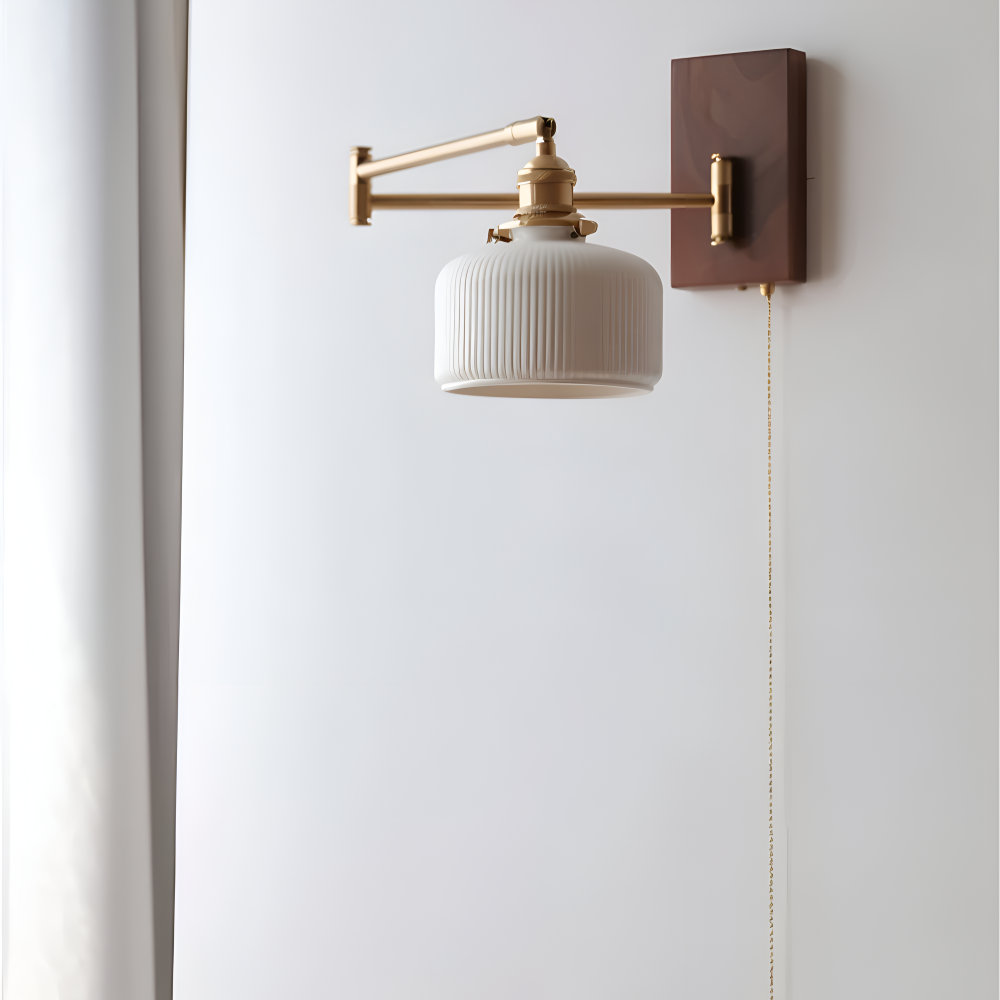 EzyGlow Wandleuchte - Stilvolle Keramische Gerippte Wandlampe - Verstellbare Wandleuchten LED mit Zugkettenschalter