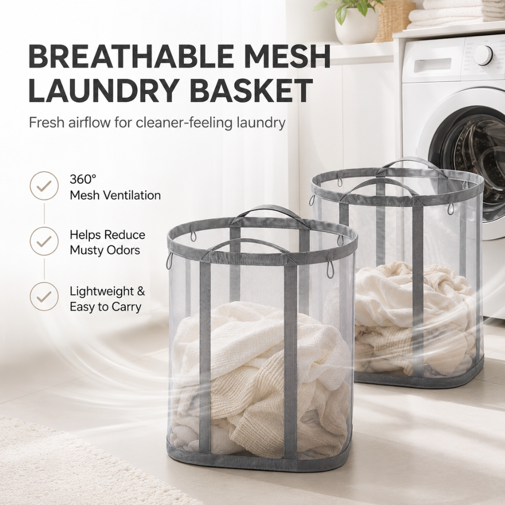 Faltbarer Wäschekorb aus Nylon Mesh – Leichter Wäschesammler mit Griffen für Bad, Schlafzimmer & Waschküche