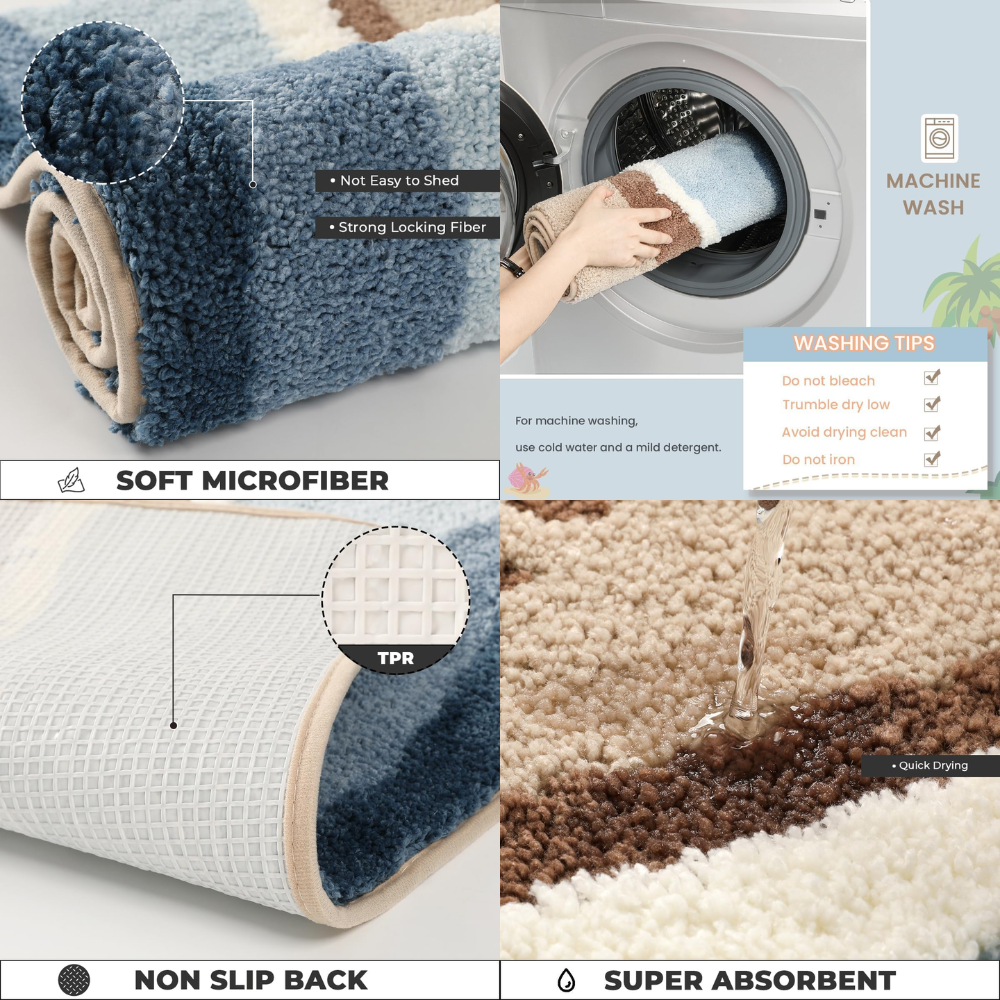Flauschige Badematte Rutschfest – Saugstarker Badteppich mit Meer & Strand Design für Modernes Bad