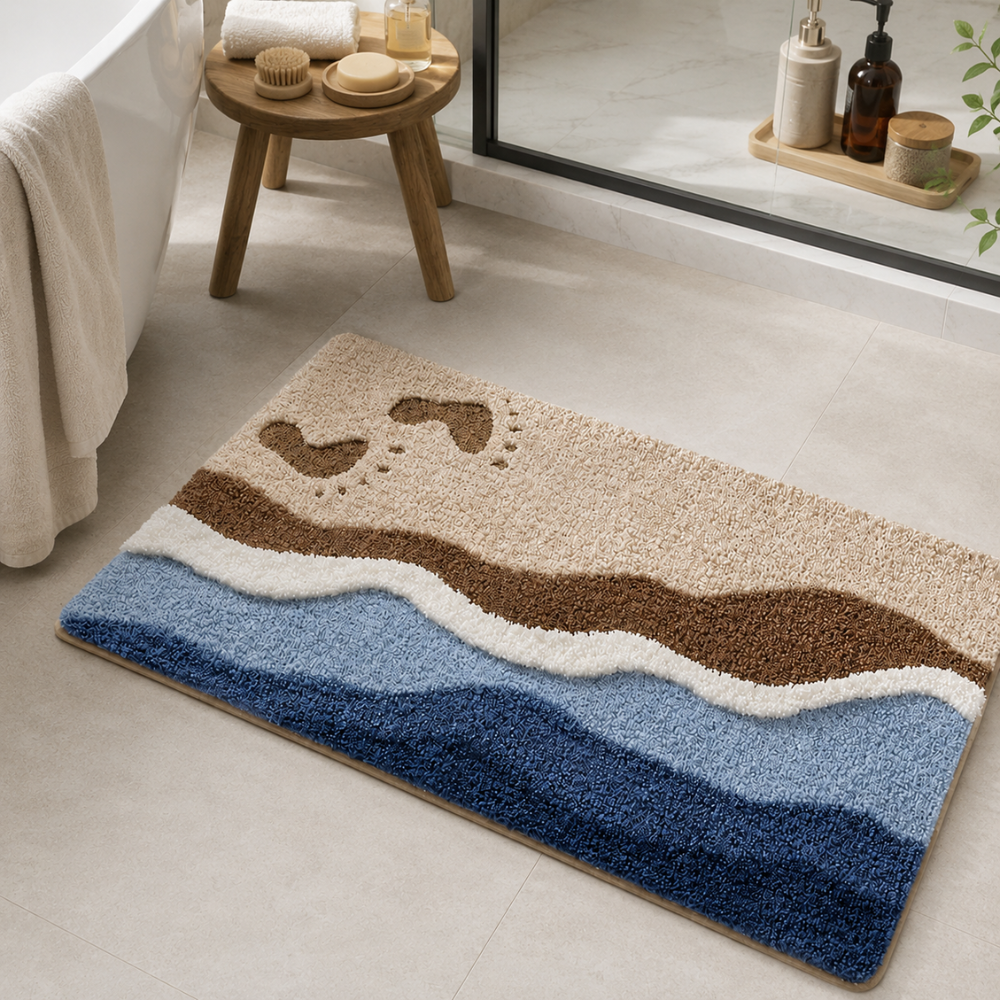 Flauschige Badematte Rutschfest – Saugstarker Badteppich mit Meer & Strand Design für Modernes Bad