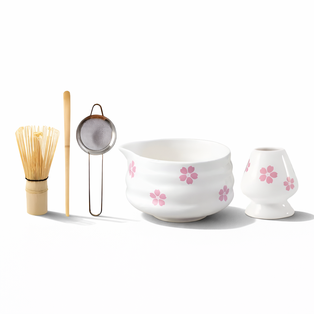 Florales Matcha Set Weiß (5-tlg.) mit Ausgießer-Schale, Chasen Bambusbesen & Halter – Keramik Teezeremonie Set