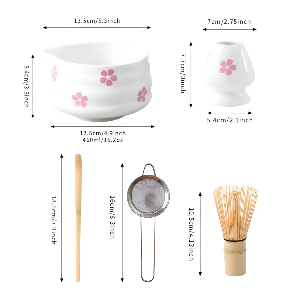 Florales Matcha Set Weiß (5-tlg.) mit Ausgießer-Schale, Chasen Bambusbesen & Halter – Keramik Teezeremonie Set