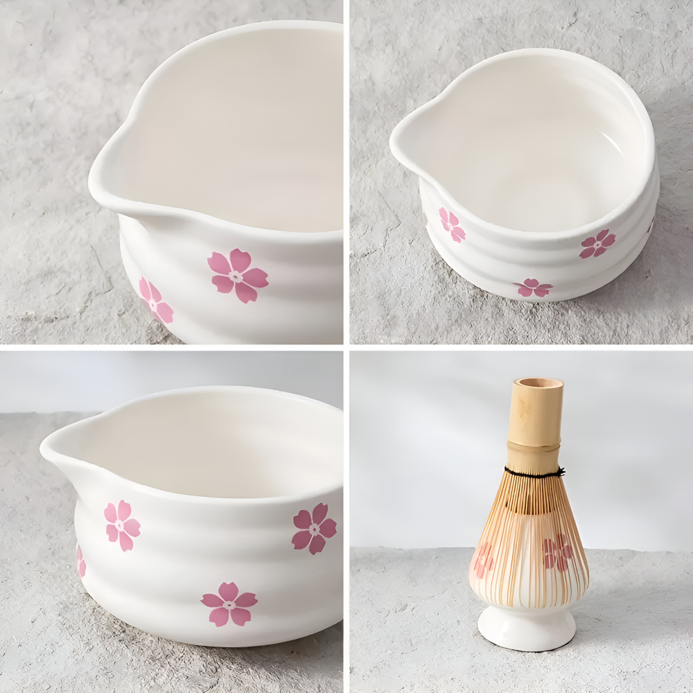 Florales Matcha Set Weiß (5-tlg.) mit Ausgießer-Schale, Chasen Bambusbesen & Halter – Keramik Teezeremonie Set