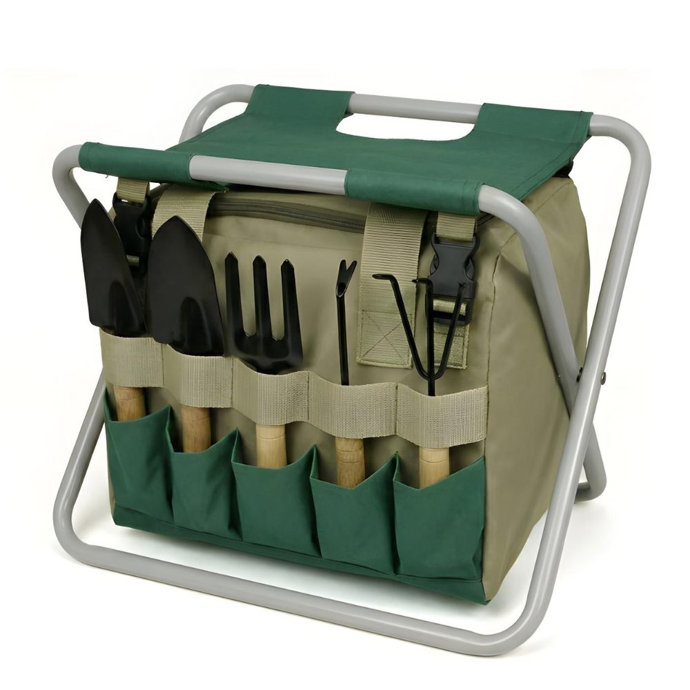 Gartenwerkzeug Set 6-teilig mit Klapphocker & Tragetasche - Gartensitz mit Handgeräten