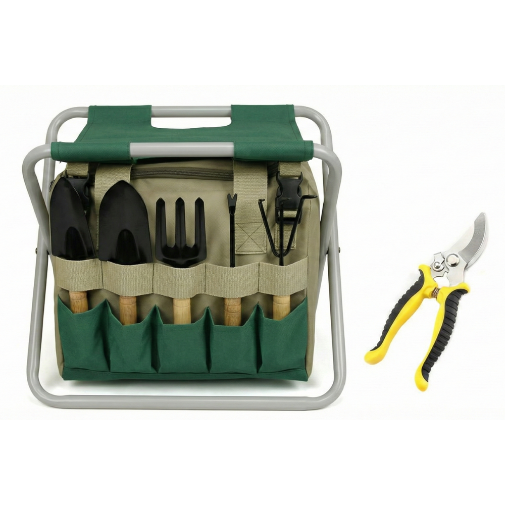6-piece garden tool set with folding stool & carrying bag - garden seat with hand tools