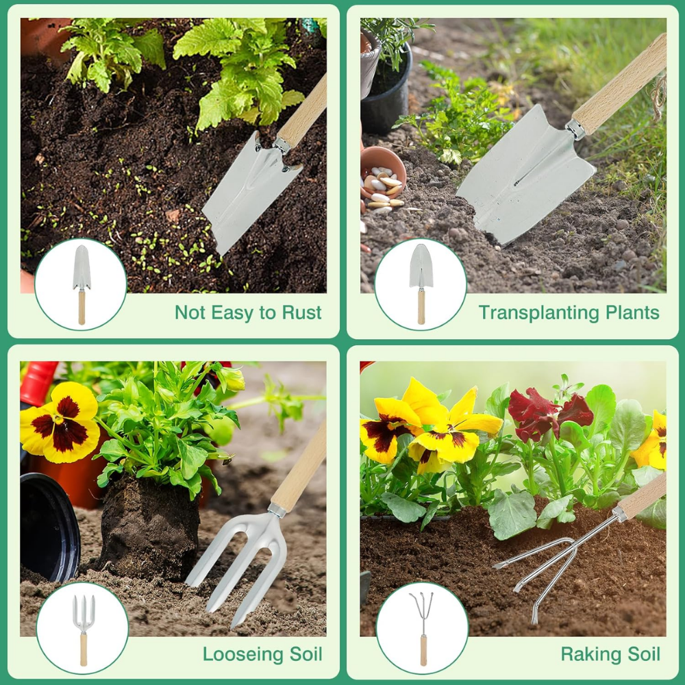 Gartenwerkzeug Set 9-teilig – Edelstahl Handwerkzeug mit Holzgriff, Tasche, Handschuhen & Sprühflasche für Gartenarbeit