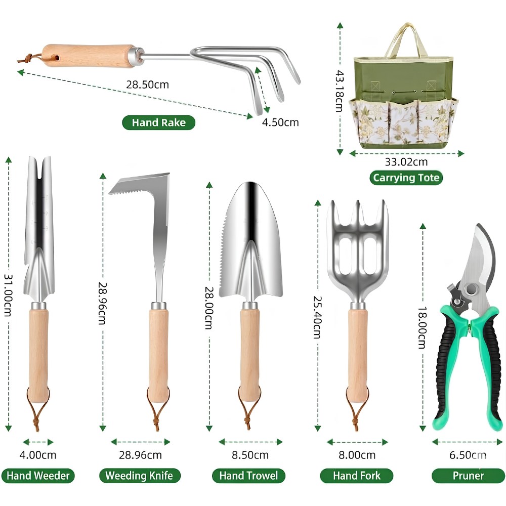 Gartenwerkzeug Set 9-teilig – Edelstahl Handwerkzeug mit Holzgriff, Tasche, Handschuhen & Sprühflasche für Gartenarbeit