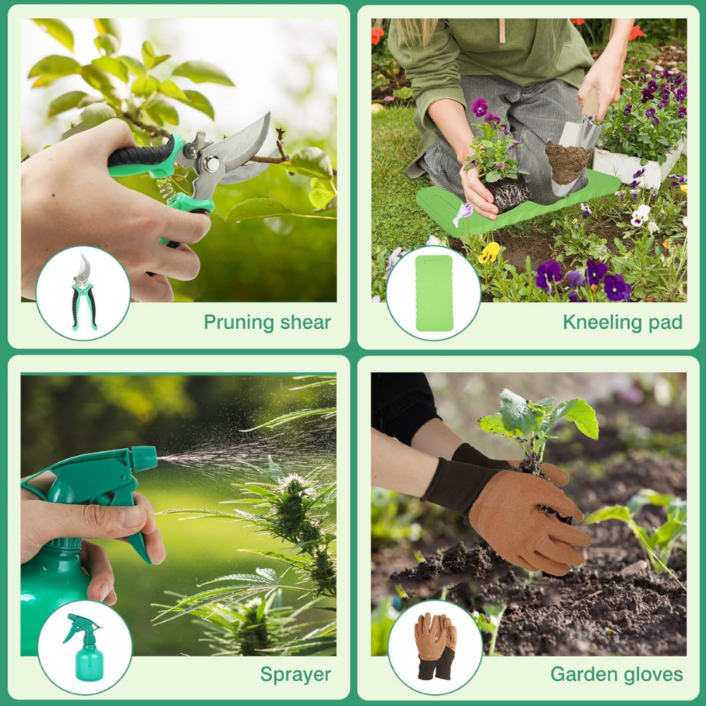 Gartenwerkzeug Set 9-teilig – Edelstahl Handwerkzeug mit Holzgriff, Tasche, Handschuhen & Sprühflasche für Gartenarbeit