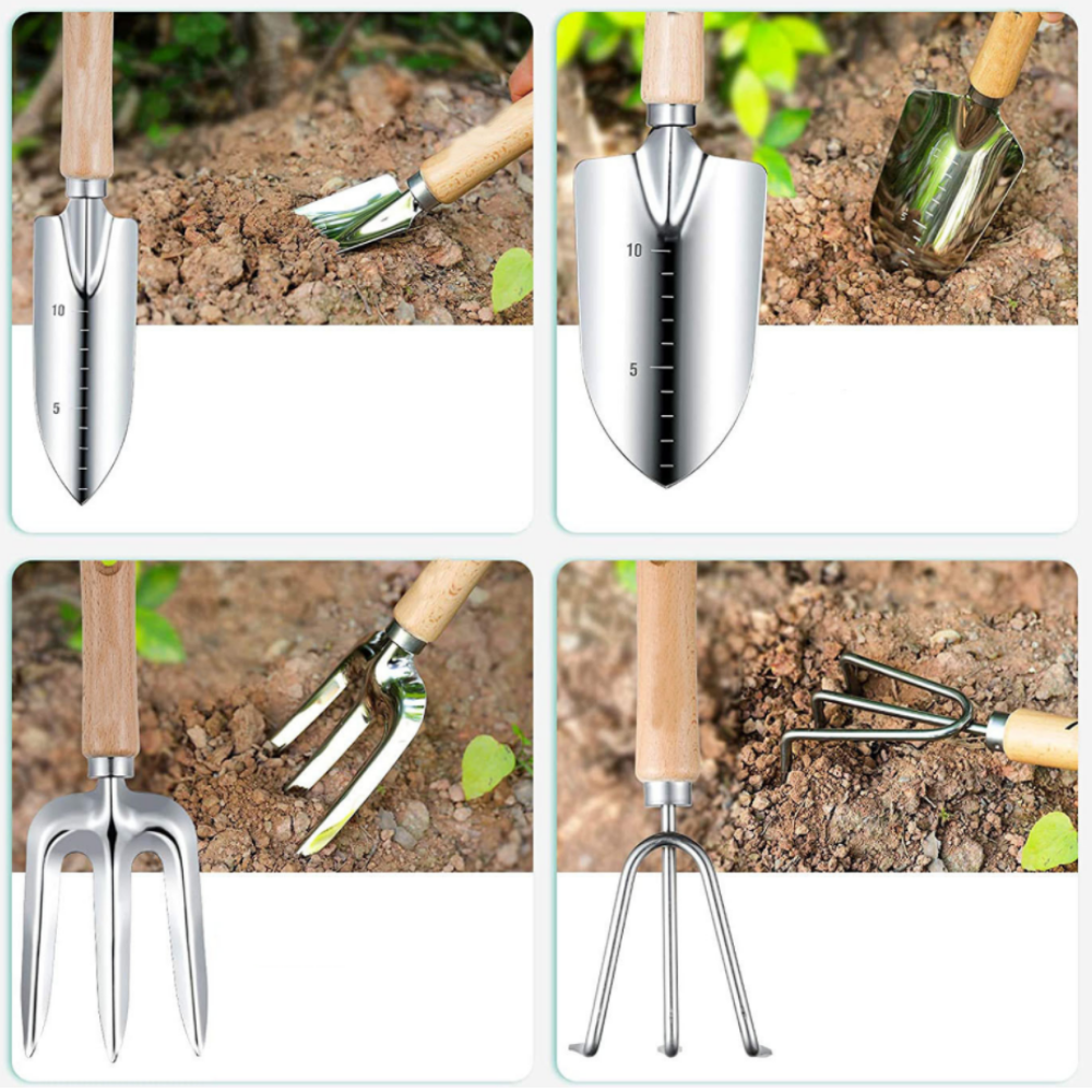 Gartenwerkzeug Set 9-teilig – Edelstahl Handwerkzeug mit Holzgriff, Tasche, Handschuhen & Sprühflasche für Gartenarbeit