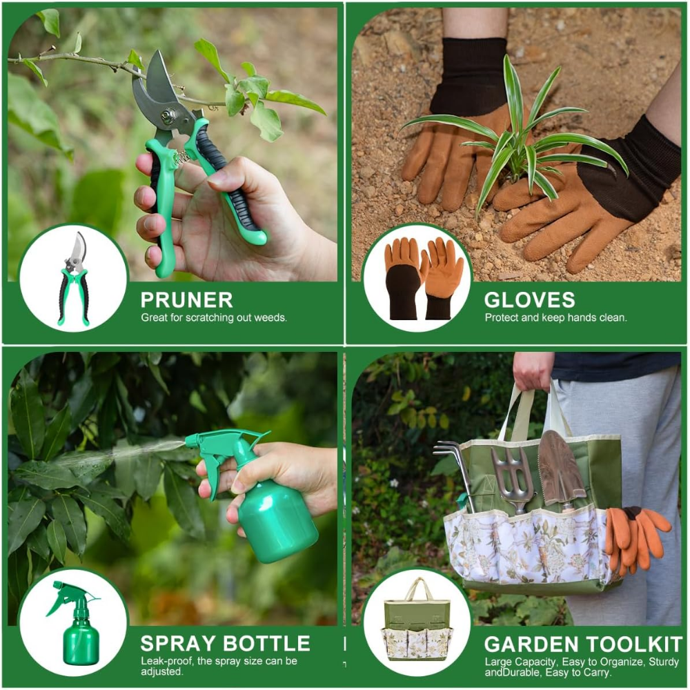 Gartenwerkzeug Set 9-teilig – Edelstahl Handwerkzeug mit Holzgriff, Tasche, Handschuhen & Sprühflasche für Gartenarbeit