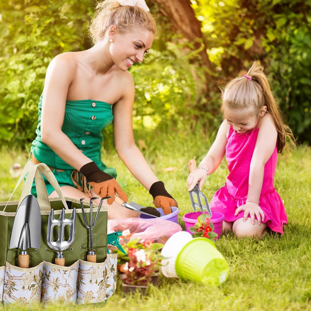 Gartenwerkzeug Set 9-teilig – Edelstahl Handwerkzeug mit Holzgriff, Tasche, Handschuhen & Sprühflasche für Gartenarbeit