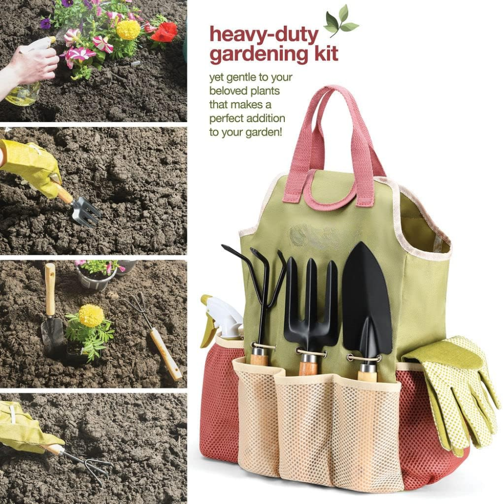 Gartenwerkzeug Set 9-teilig – Garten Handwerkzeug mit Tasche, Handschuhen & Sprühflasche für Pflanzenpflege