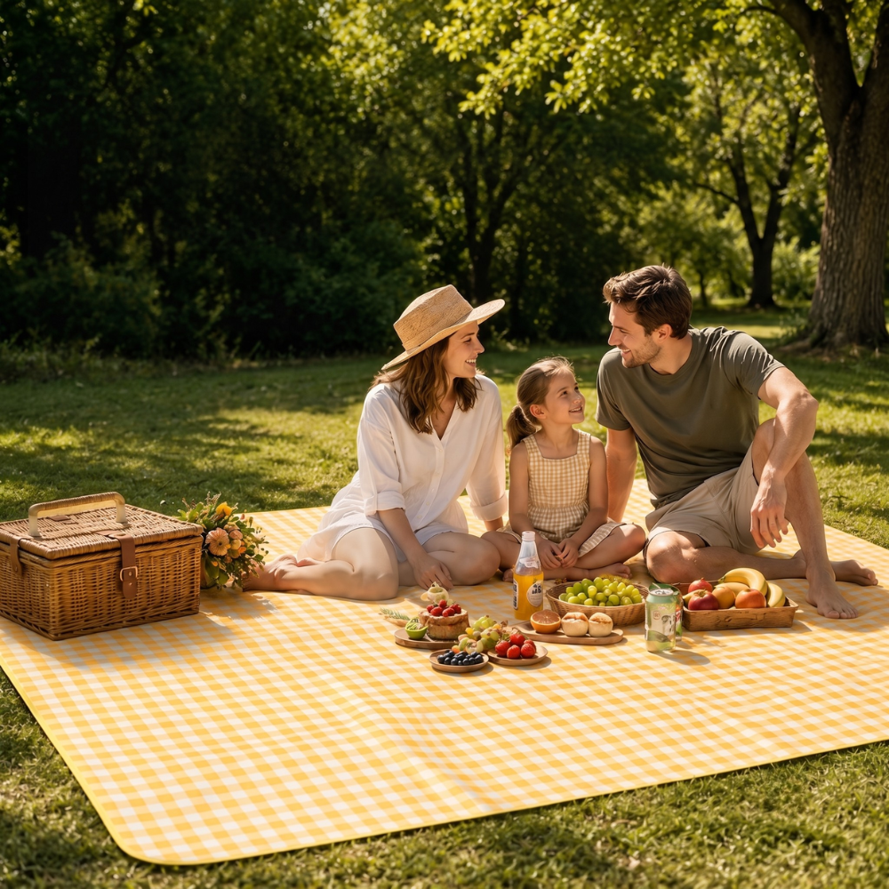 Gelb-weiße wasserdichte Picknickdecke, faltbare Outdoor Campingmatte mit isolierender Unterseite