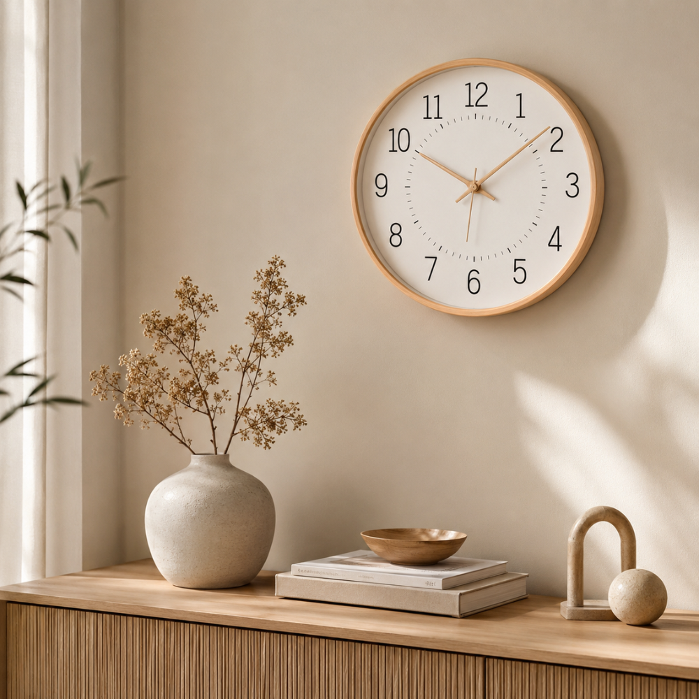 Moderne Wanduhr aus Holz – Ø 30 cm – Leises & geräuschloses Uhrwerk – Skandinavisches Design – Naturholz