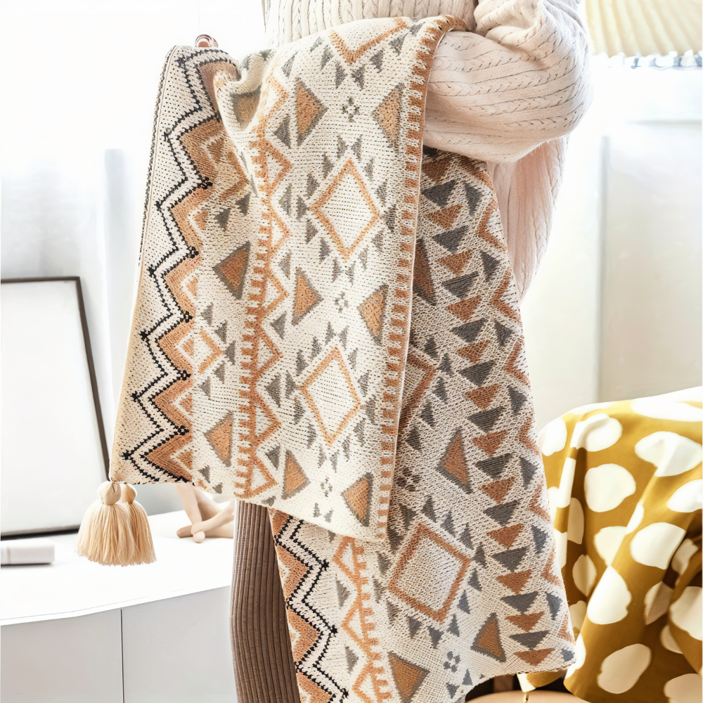 GeoFringe Plaid - Geometrische Boho Fleece Blanket - Dekorative Gestrickt Throw
