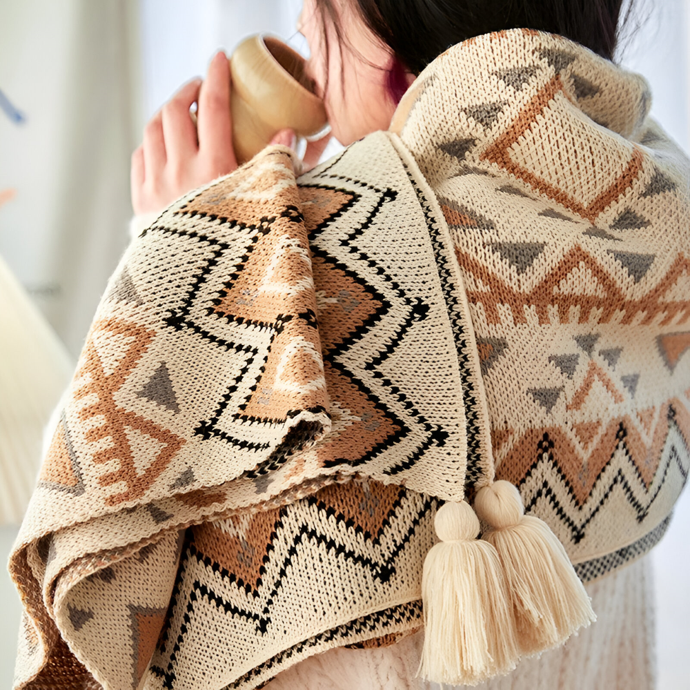 GeoFringe Plaid - Geometrische Boho Fleece Blanket - Dekorative Gestrickt Throw