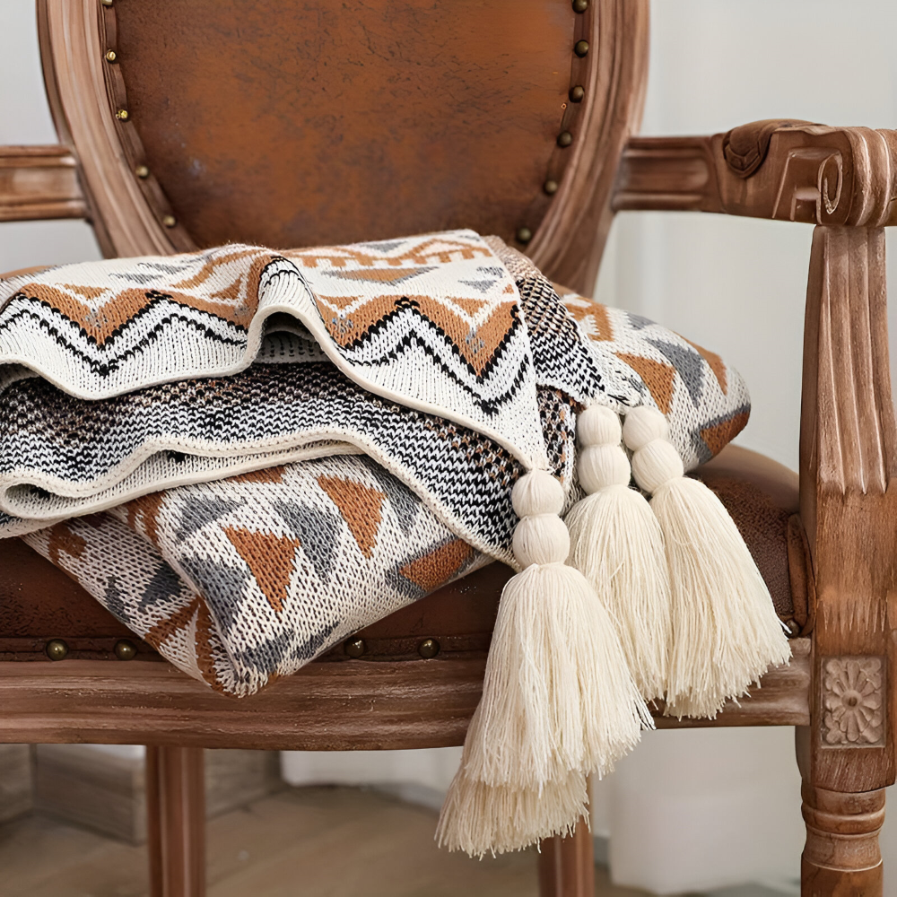 GeoFringe Plaid - Geometrische Boho Fleece Blanket - Dekorative Gestrickt Throw
