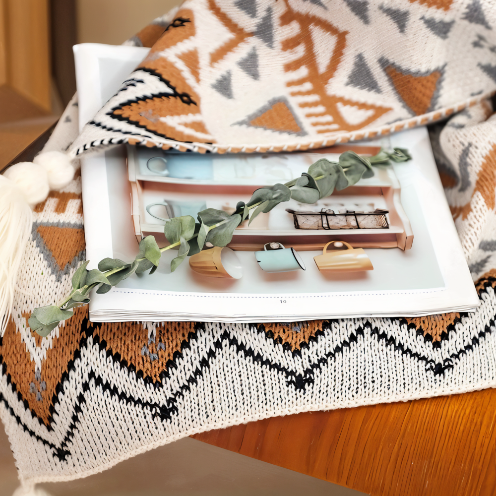 GeoFringe Plaid - Geometrische Boho Fleece Blanket - Dekorative Gestrickt Throw