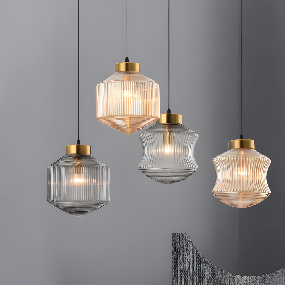 GeomGlass Pendelleuchte - Vintage Rauchgrau & Bernstein Gerippte Hängelampe