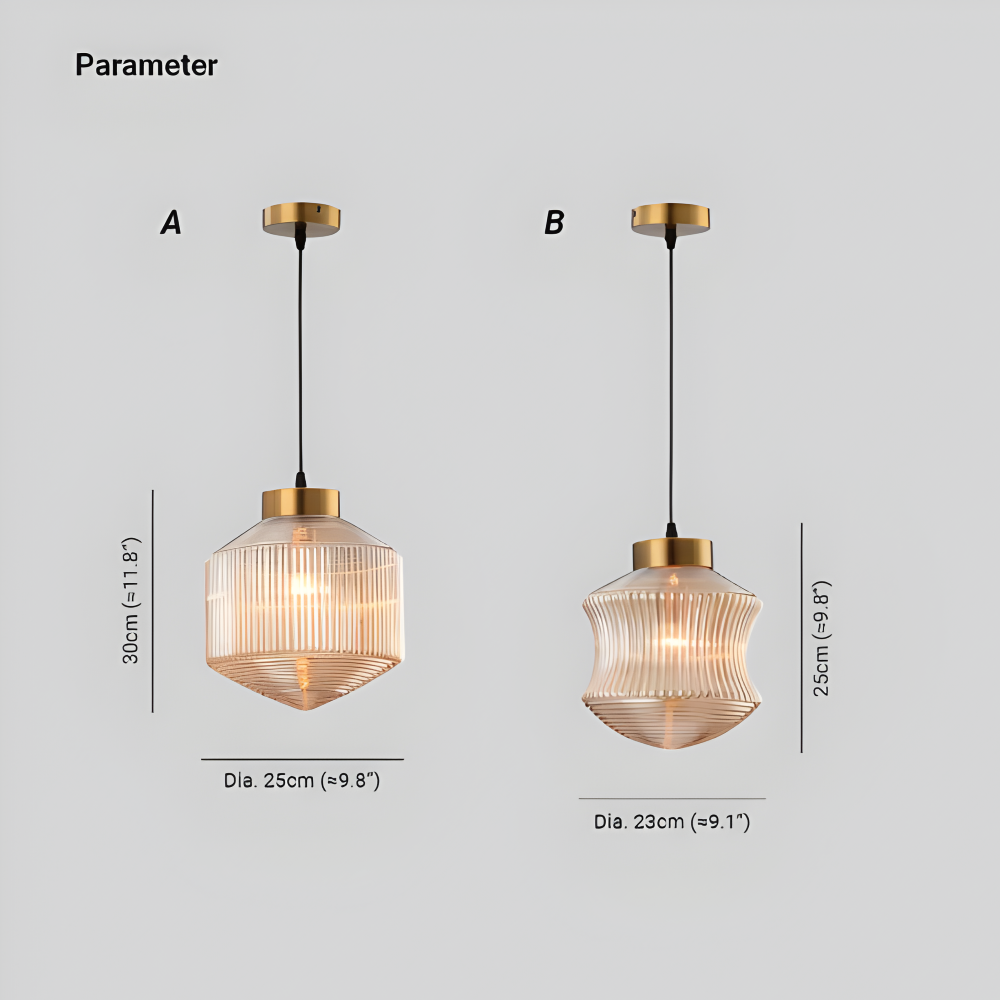 GeomGlass Pendelleuchte - Vintage Rauchgrau & Bernstein Gerippte Hängelampe