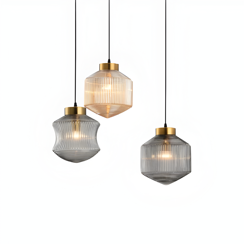 GeomGlass Pendelleuchte - Vintage Rauchgrau & Bernstein Gerippte Hängelampe