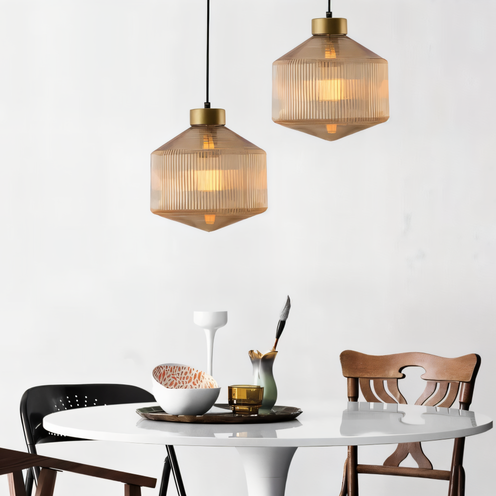 GeomGlass Pendelleuchte - Vintage Rauchgrau & Bernstein Gerippte Hängelampe