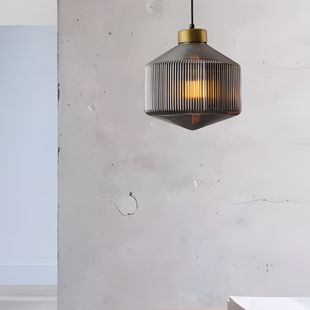 GeomGlass Pendelleuchte - Vintage Rauchgrau & Bernstein Gerippte Hängelampe