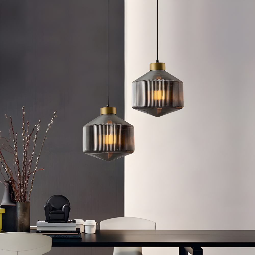 GeomGlass Pendelleuchte - Vintage Rauchgrau & Bernstein Gerippte Hängelampe