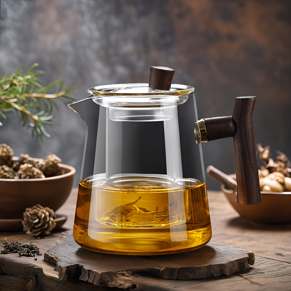 Glas Teekanne mit Sieb & Holzgriff – Teebereiter, 550ml-850ml