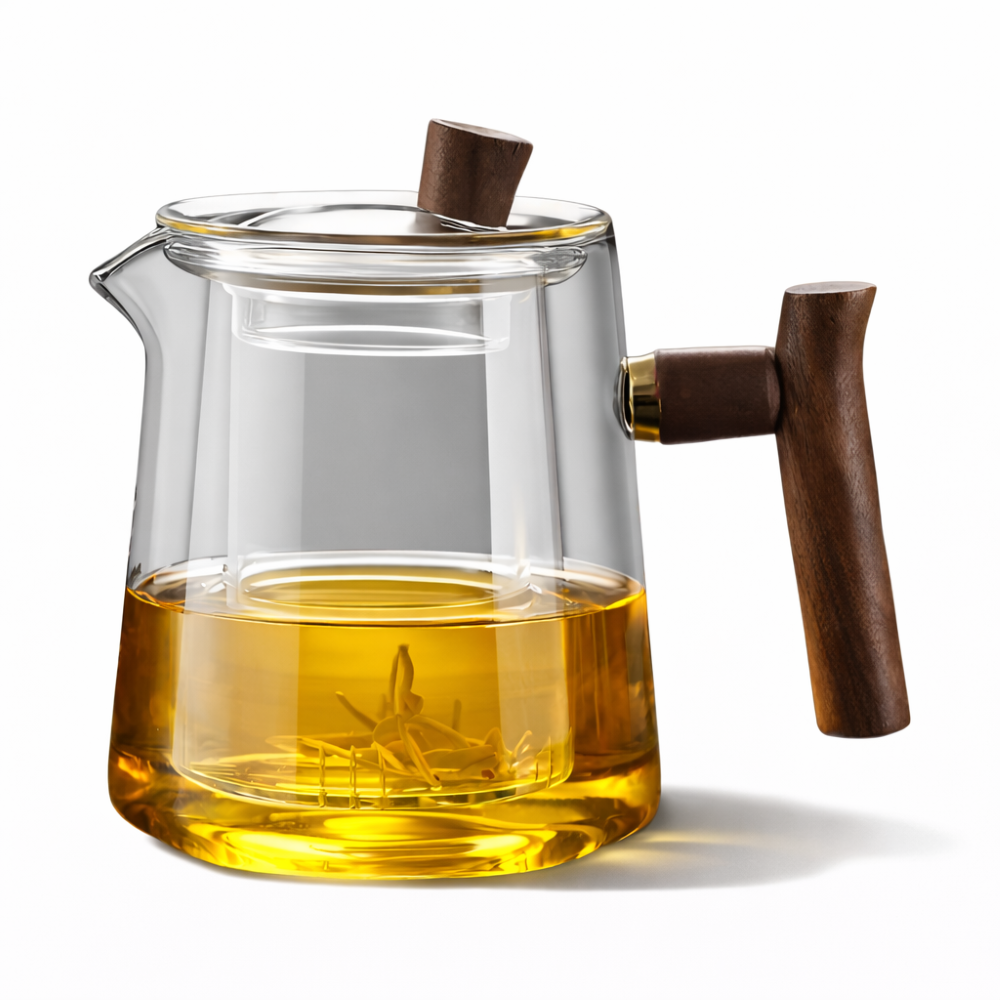 Glas Teekanne mit Sieb & Holzgriff – Teebereiter, 550ml-850ml